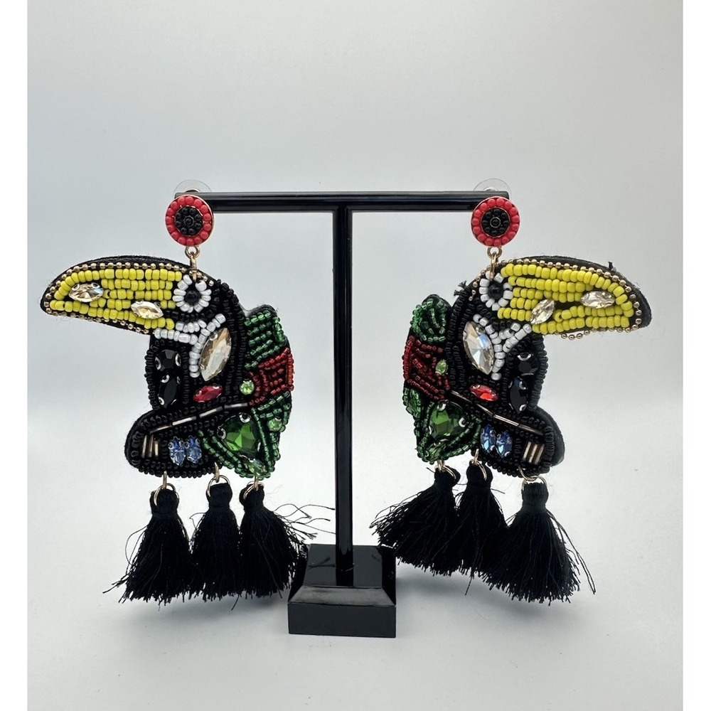Vintage Beaded Toucan Drop Earrings Crystal Rhinestones Tassel Fringe Tropical